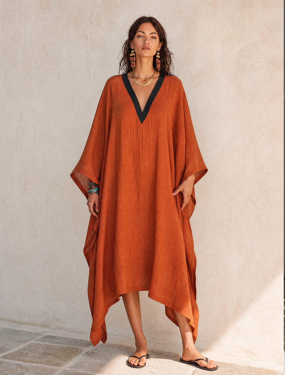 Women's Minimalist Solid Orange Linen V-Neck Midi Kaftan Dress
