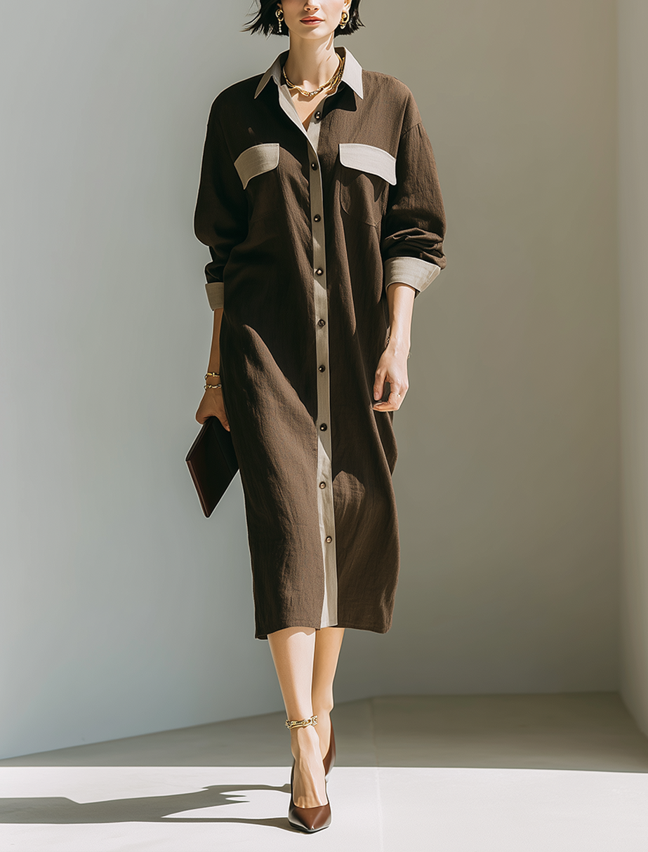 Women's Minimalist Solid Brown & Contrast-Color Linen Midi Shirt Dress