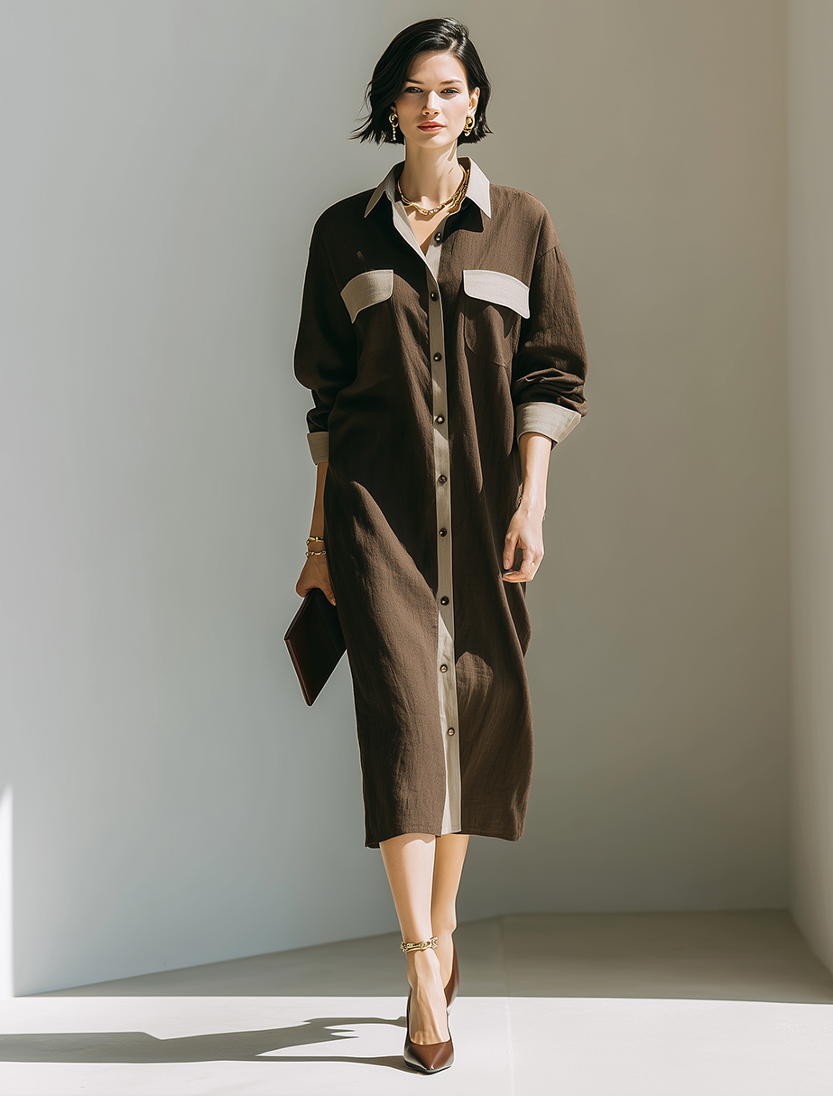 Women's Minimalist Solid Brown & Contrast-Color Linen Midi Shirt Dress