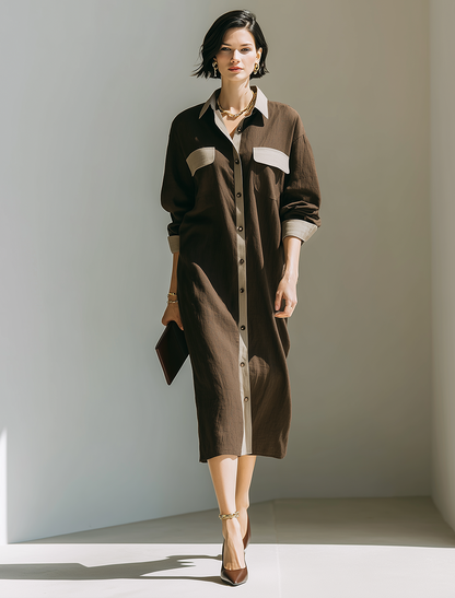 Women's Minimalist Solid Brown & Contrast-Color Linen Midi Shirt Dress