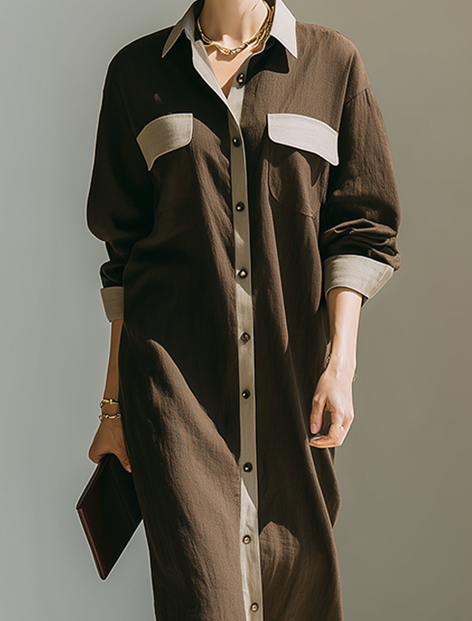 Women's Minimalist Solid Brown & Contrast-Color Linen Midi Shirt Dress