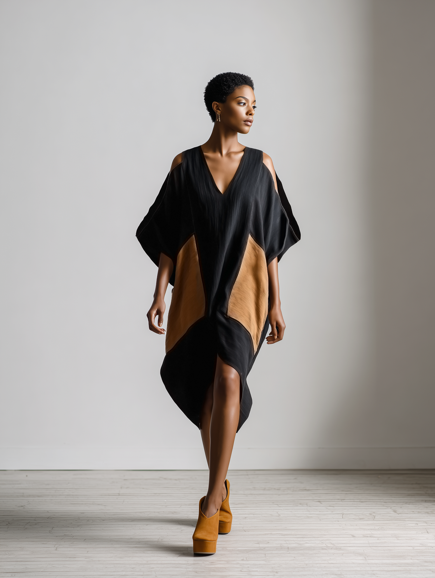Women’s Black & Brown Cotton-linen Blend Geometric Color Block Cold Shoulder V Neck Batwing Sleeve Midi Dress