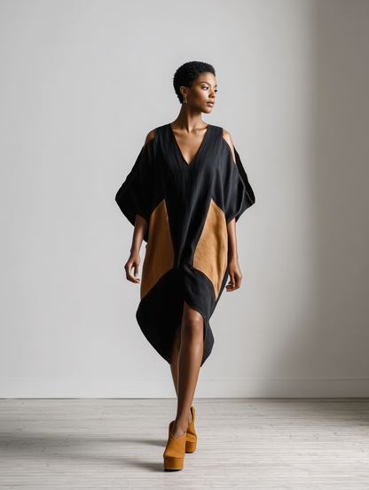 Women’s Black & Brown Cotton-linen Blend Geometric Color Block Cold Shoulder V Neck Batwing Sleeve Midi Dress