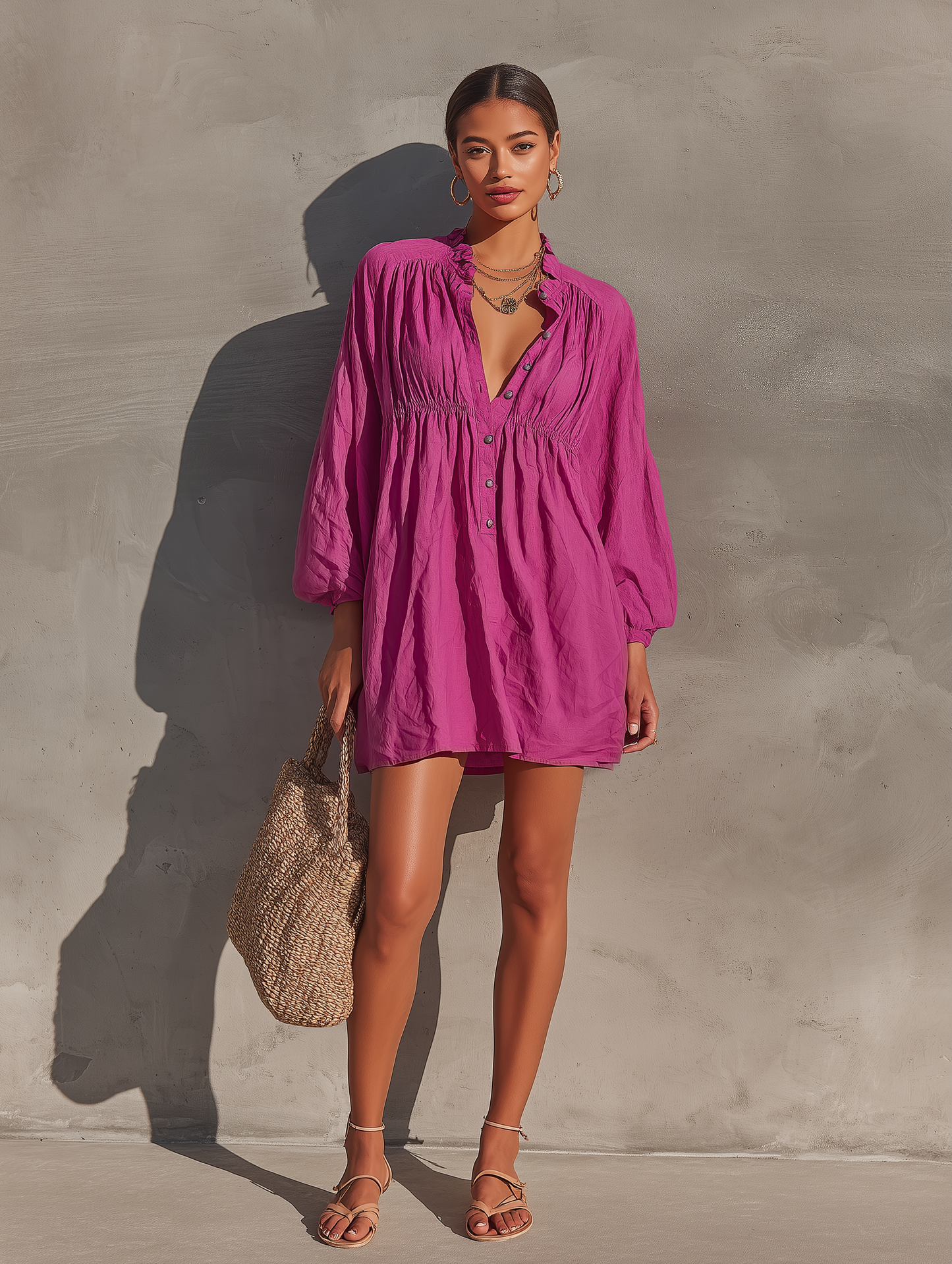 Women’s Fuchsia Cotton-linen Blend Ruffle Collar Half Button Bubble Long Sleeve Gathered Waist Loose Mini Shirt Dress