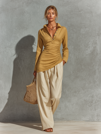 Women’s Mustard Linen Collar Half Button Side Ruched Asymmetrical Hem Long Sleeve Top & Beige High Waist Pocket Wide Leg Pants Two Piece Matching Set