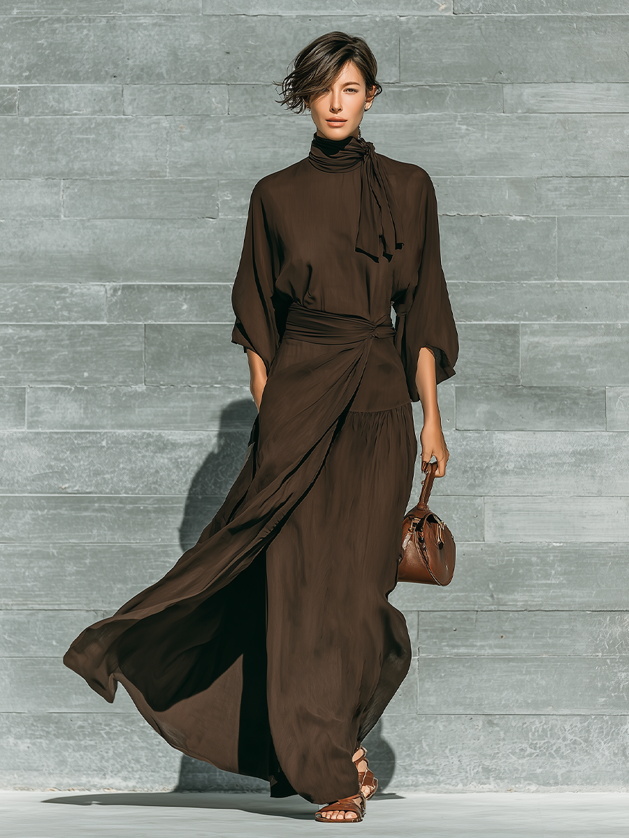 Women's Dark Brown Matte Satin Tie-Neck Three-Quarter Sleeve Dress