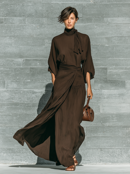 Women's Dark Brown Matte Satin Tie-Neck Three-Quarter Sleeve Dress