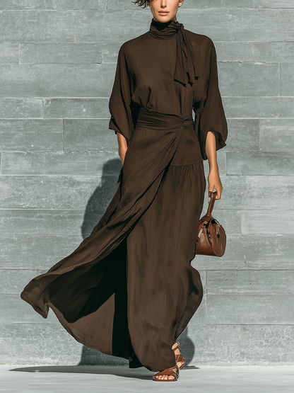Women's Dark Brown Matte Satin Tie-Neck Three-Quarter Sleeve Dress