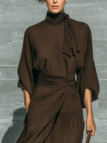 Women's Dark Brown Matte Satin Tie-Neck Three-Quarter Sleeve Dress
