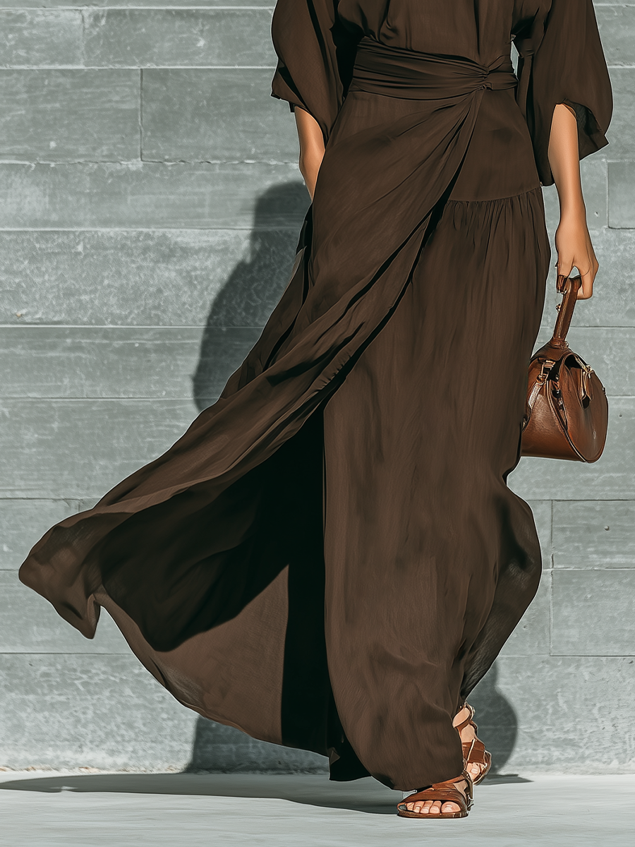 Women's Dark Brown Matte Satin Tie-Neck Three-Quarter Sleeve Dress