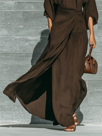 Women's Dark Brown Matte Satin Tie-Neck Three-Quarter Sleeve Dress