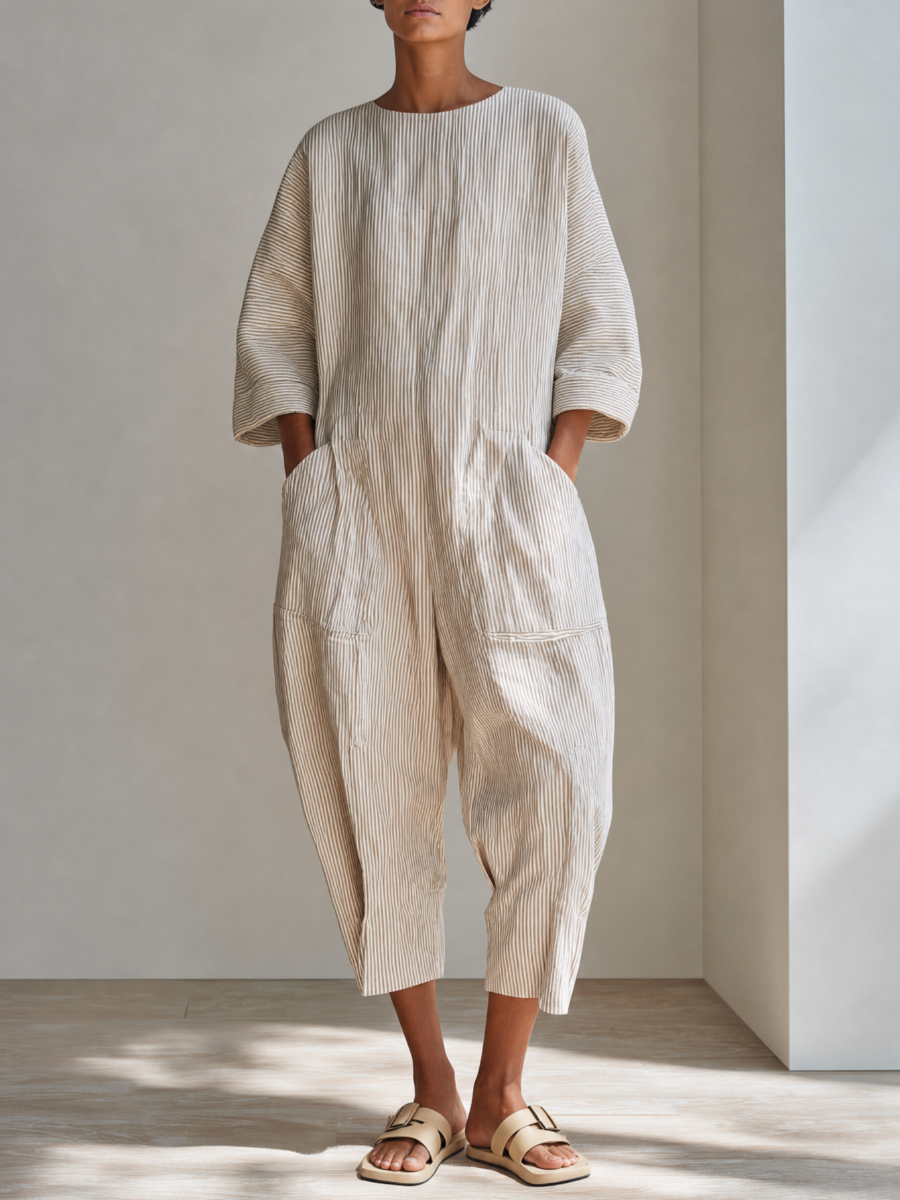 Women's Minimalist Beige Cotton Linen Blend Pinstripe Round Neck Dropped Shoulder Oversized Cropped Jumpsuit