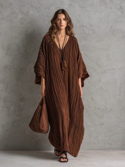 Women's Casual Brown Woven Pleated V-Neck Batwing-Sleeve Loose Maxi Dress