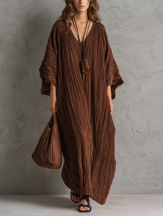 Women's Casual Brown Woven Pleated V-Neck Batwing-Sleeve Loose Maxi Dress