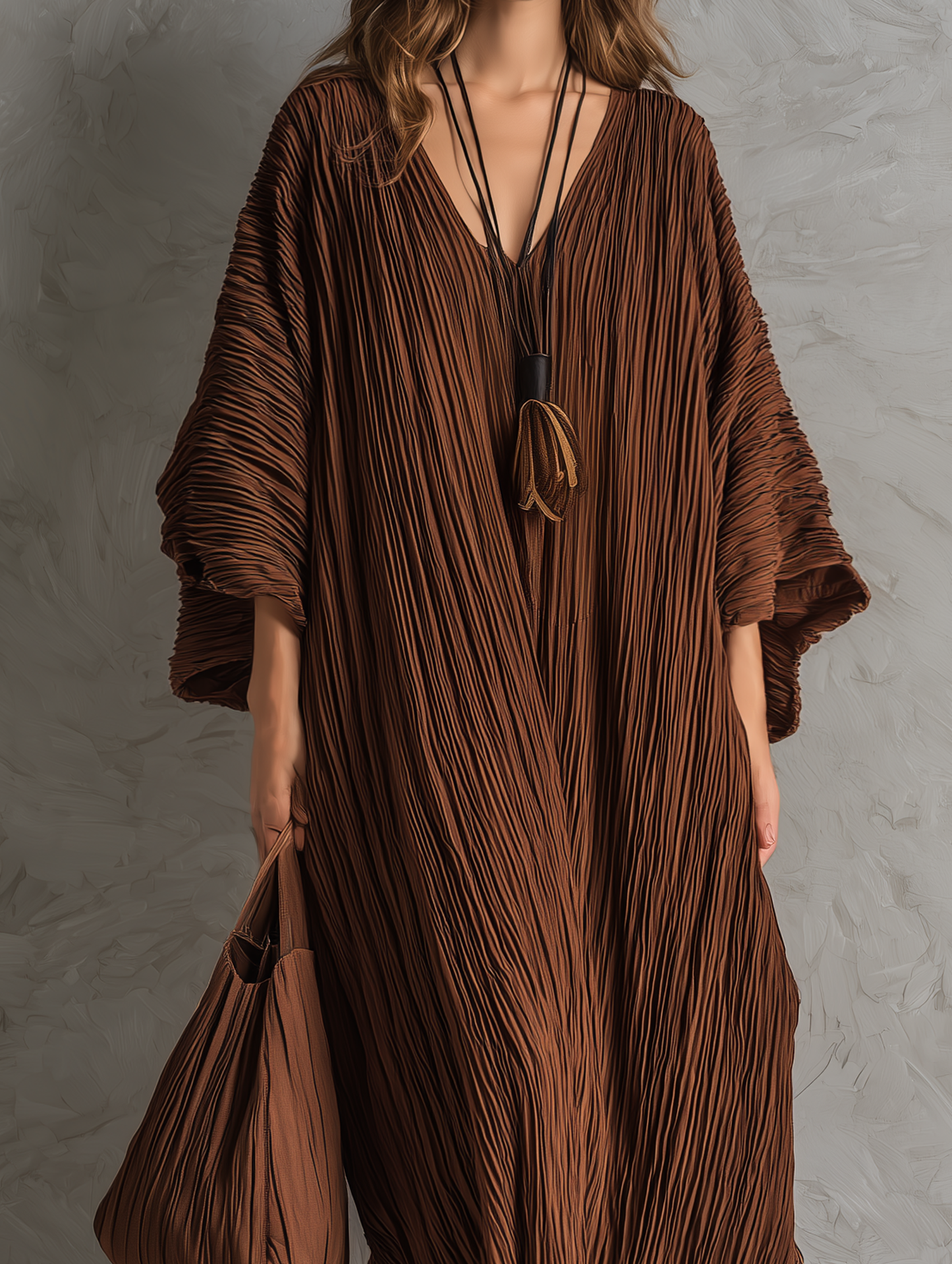 Women's Casual Brown Woven Pleated V-Neck Batwing-Sleeve Loose Maxi Dress