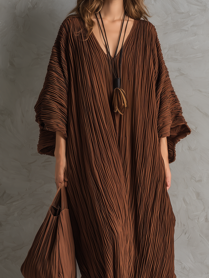 Women's Casual Brown Woven Pleated V-Neck Batwing-Sleeve Loose Maxi Dress
