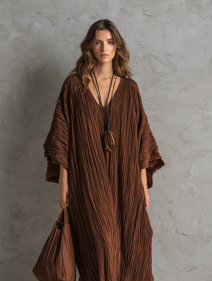 Women's Casual Brown Woven Pleated V-Neck Batwing-Sleeve Loose Maxi Dress