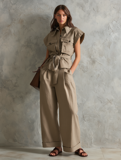 Women's Casual Khaki Cotton-linen Short-sleeved Top And Trousers Set