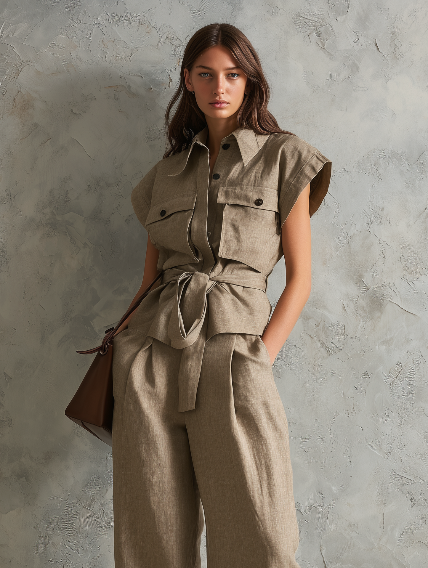 Women's Casual Khaki Cotton-linen Short-sleeved Top And Trousers Set