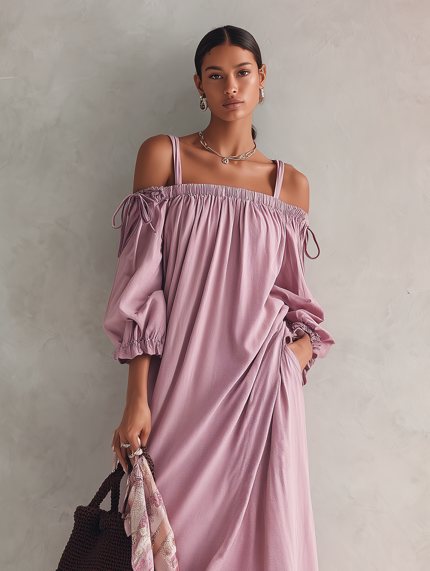 Women's Casual Lilac Woven Midi Dress With Straps And Mid-length Sleeves