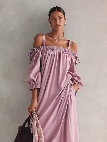 Women's Casual Lilac Woven Midi Dress With Straps And Mid-length Sleeves