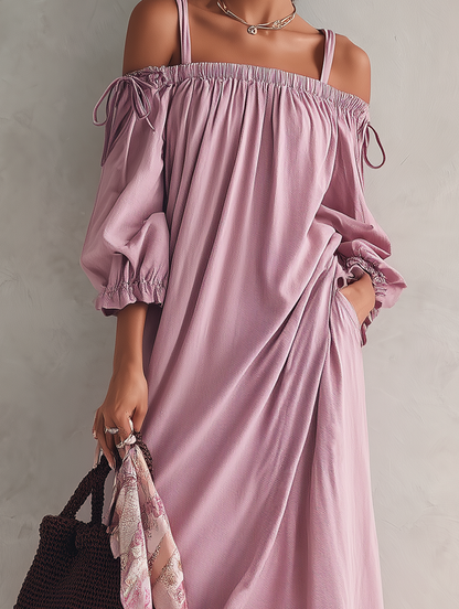 Women's Casual Lilac Woven Midi Dress With Straps And Mid-length Sleeves