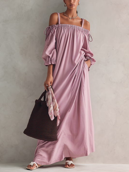 Women's Casual Lilac Woven Midi Dress With Straps And Mid-length Sleeves