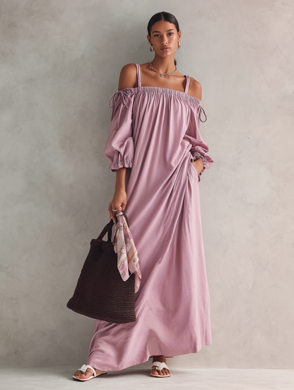 Women's Casual Lilac Woven Midi Dress With Straps And Mid-length Sleeves