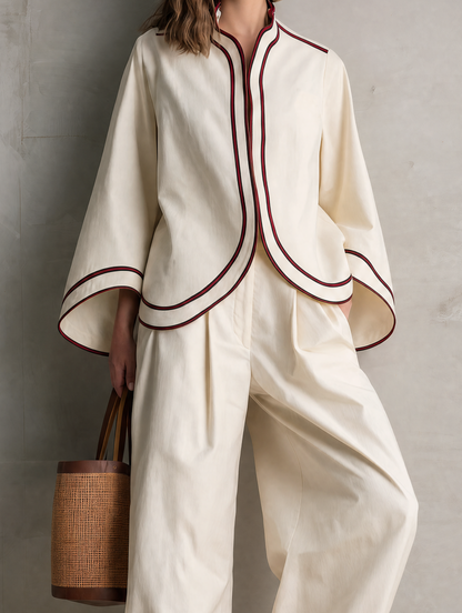 Women's Casual Beige Woven Long-sleeve Jacket And Trousers Set