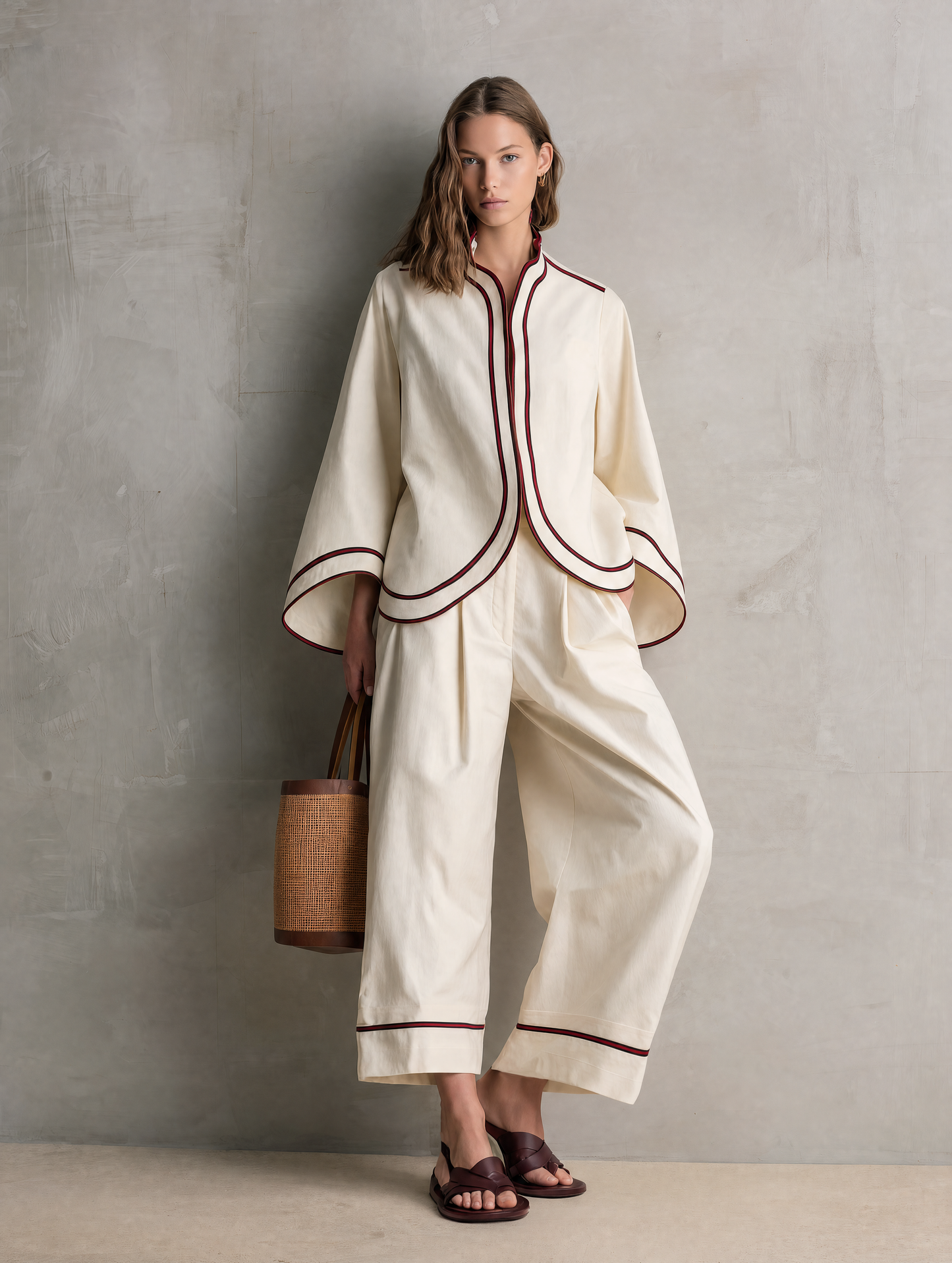 Women's Casual Beige Woven Long-sleeve Jacket And Trousers Set