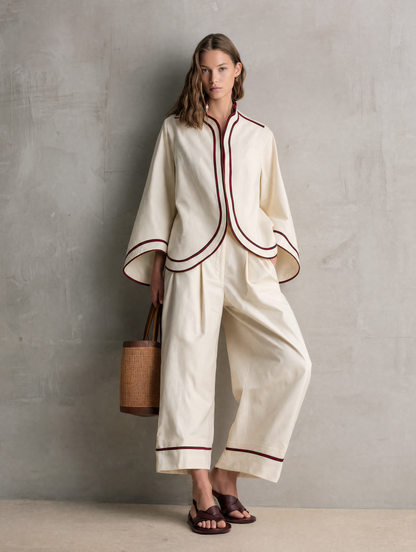 Women's Casual Beige Woven Long-sleeve Jacket And Trousers Set