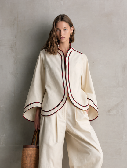 Women's Casual Beige Woven Long-sleeve Jacket And Trousers Set