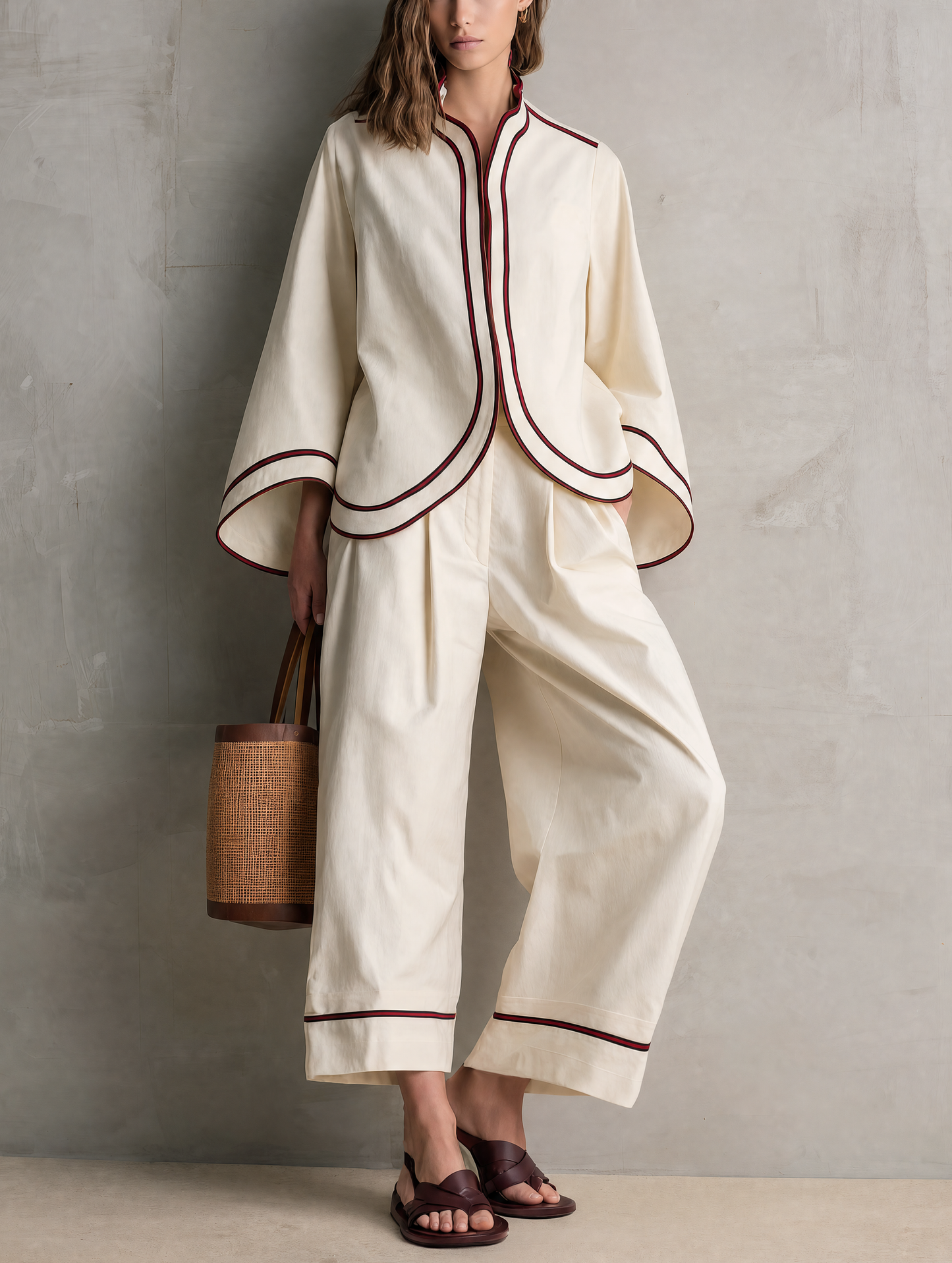 Women's Casual Beige Woven Long-sleeve Jacket And Trousers Set