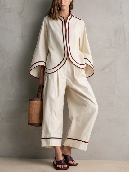 Women's Casual Beige Woven Long-sleeve Jacket And Trousers Set
