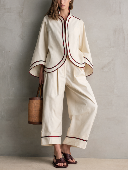 Women's Casual Beige Woven Long-sleeve Jacket And Trousers Set