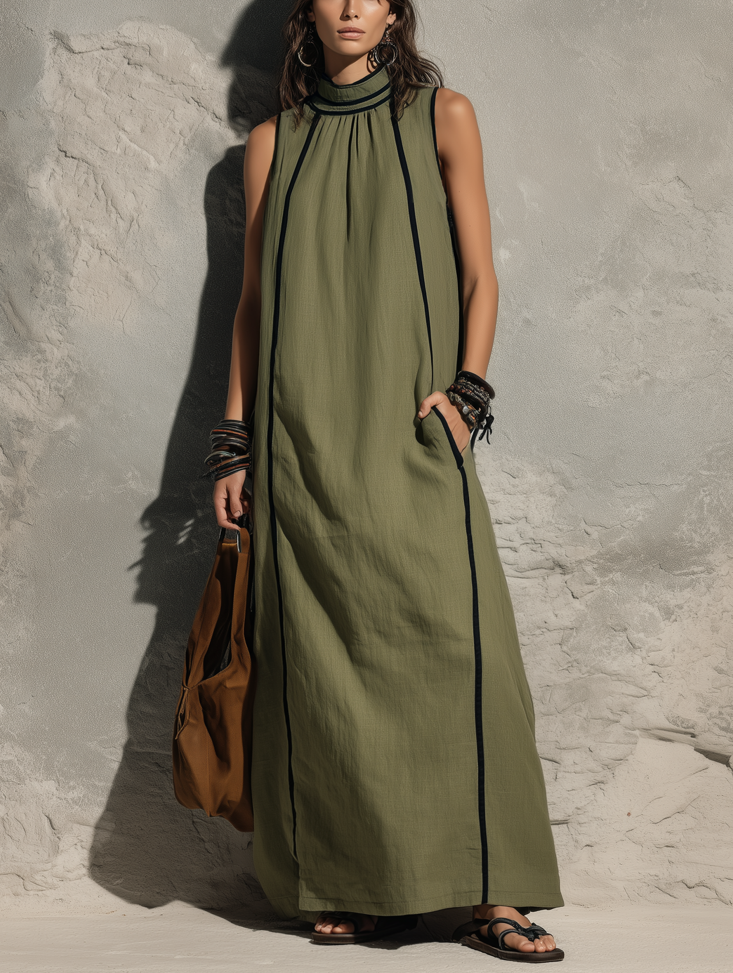 Women's Casual Army Green Cotton-linen Sleeveless Maxi Dress With A High Neck