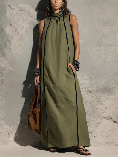 Women's Casual Army Green Cotton-linen Sleeveless Maxi Dress With A High Neck