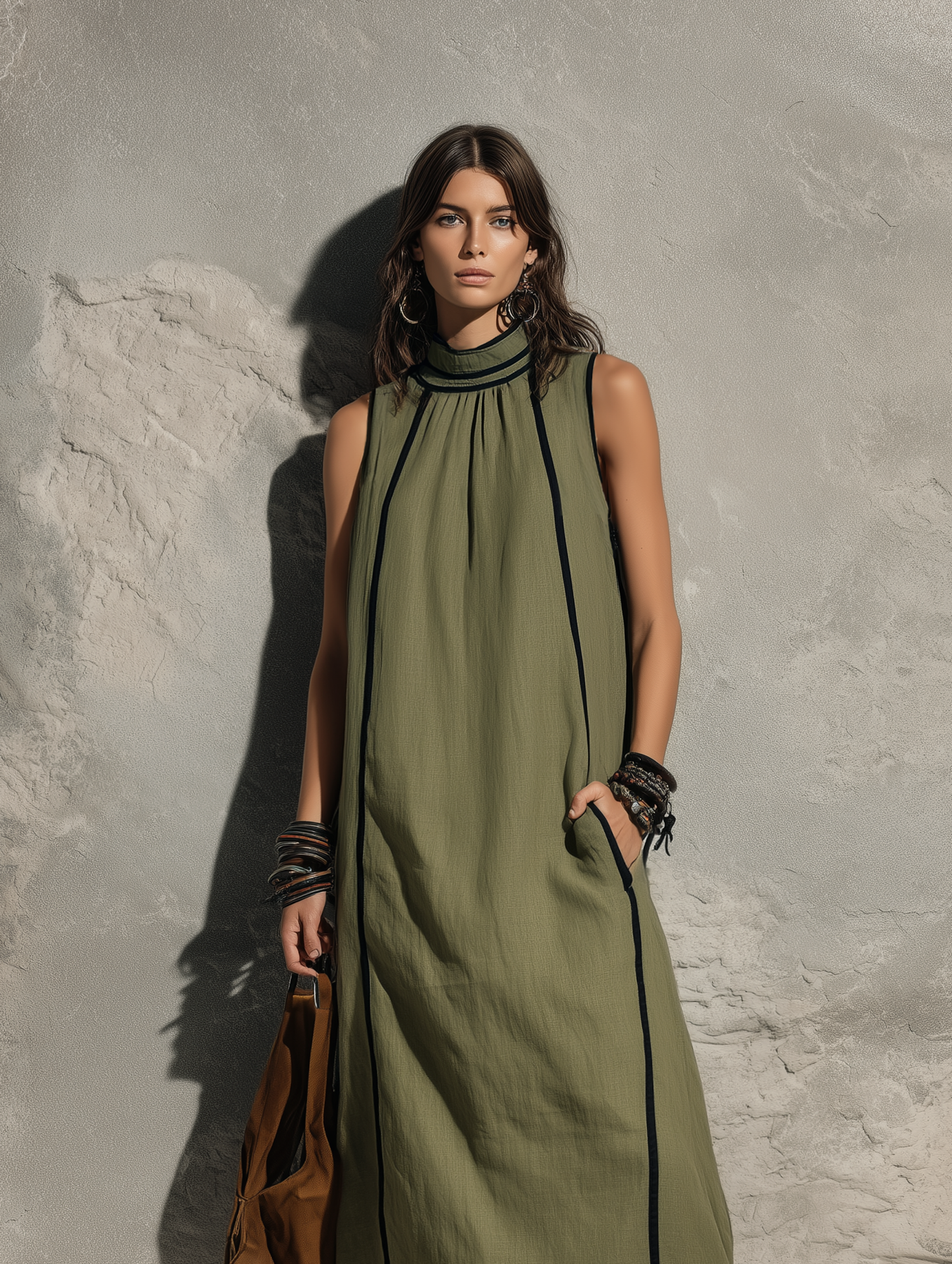 Women's Casual Army Green Cotton-linen Sleeveless Maxi Dress With A High Neck