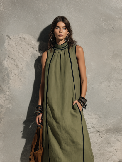 Women's Casual Army Green Cotton-linen Sleeveless Maxi Dress With A High Neck