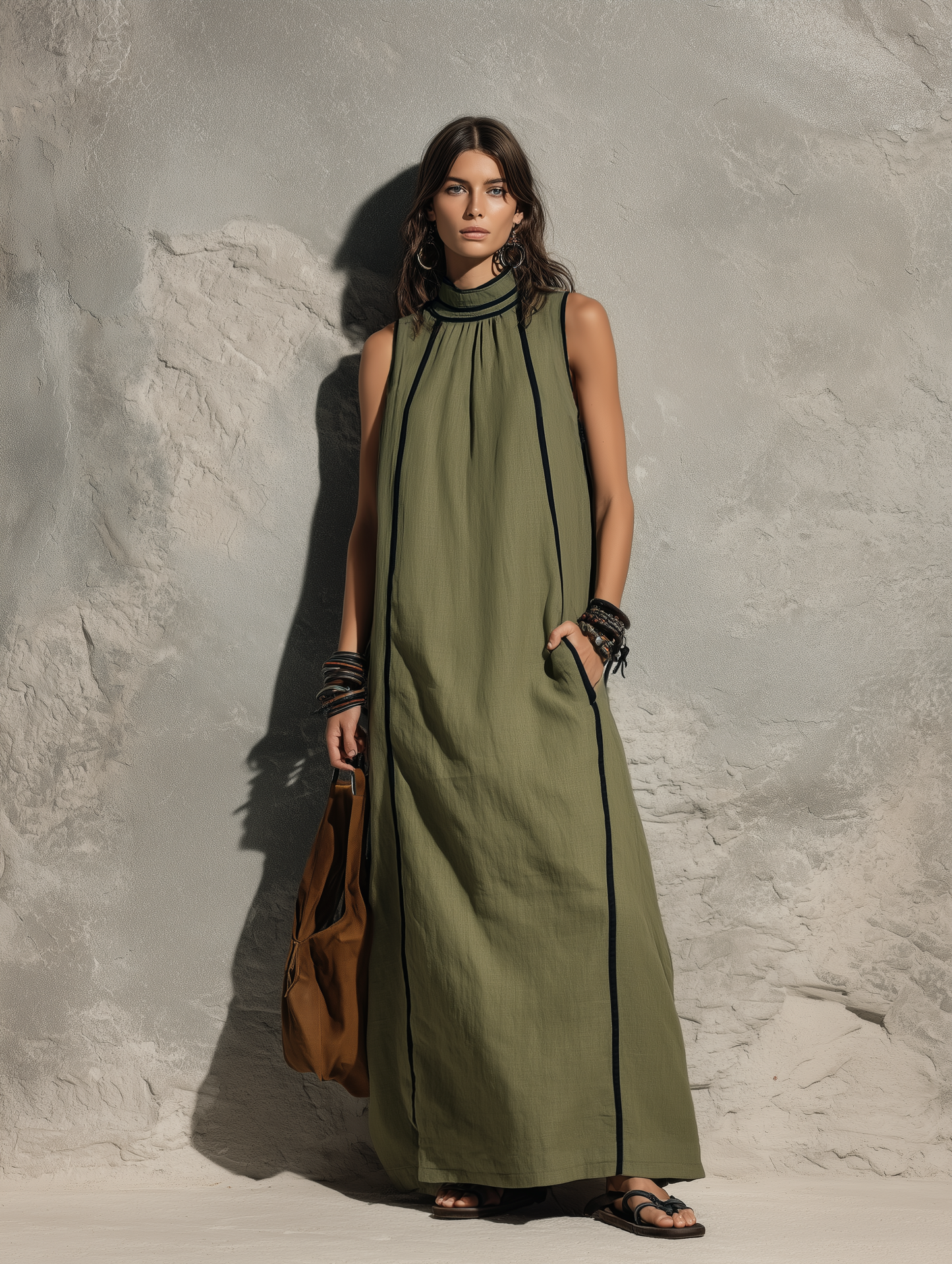 Women's Casual Army Green Cotton-linen Sleeveless Maxi Dress With A High Neck