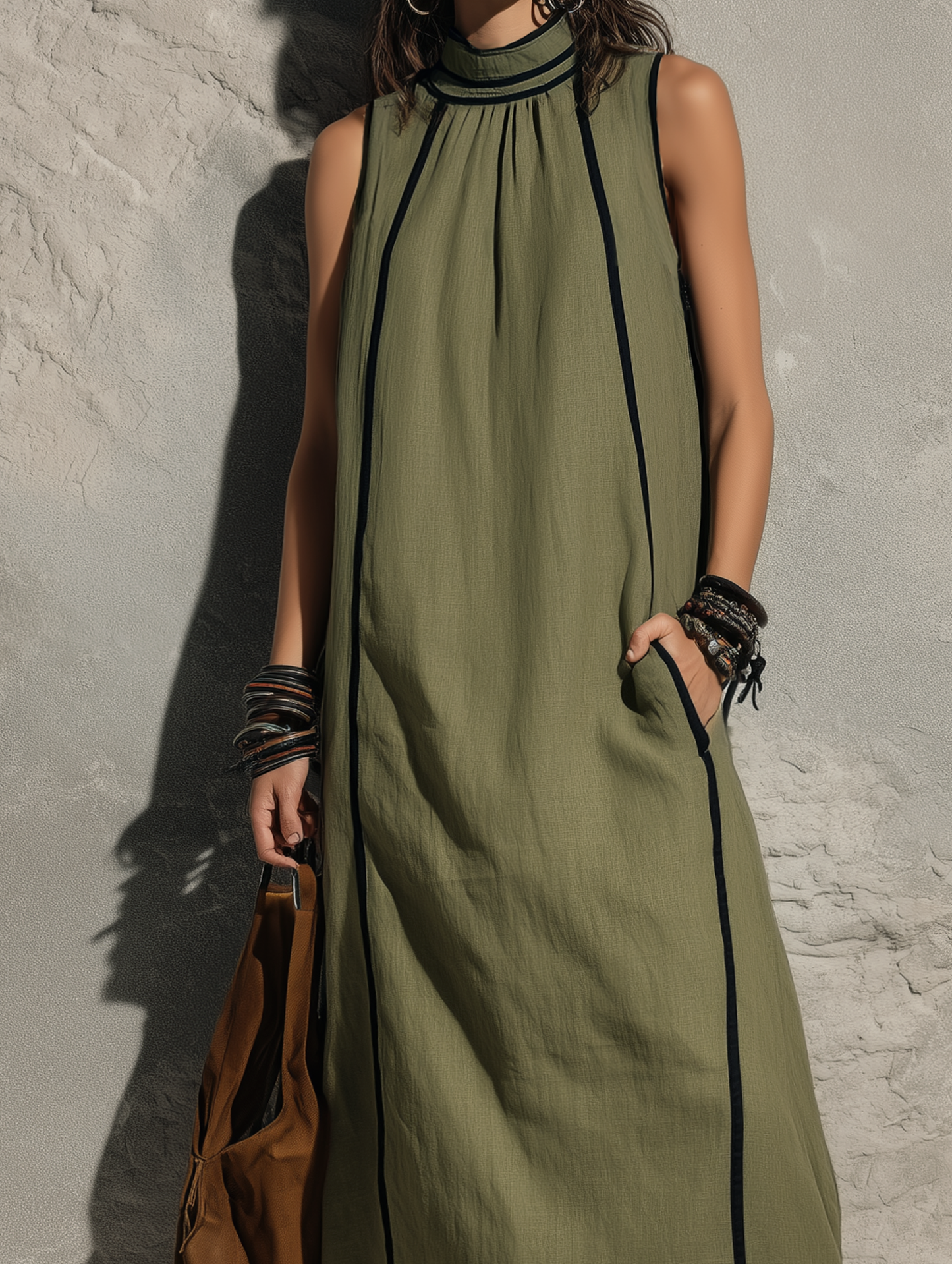Women's Casual Army Green Cotton-linen Sleeveless Maxi Dress With A High Neck