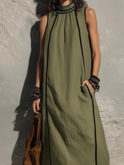 Women's Casual Army Green Cotton-linen Sleeveless Maxi Dress With A High Neck