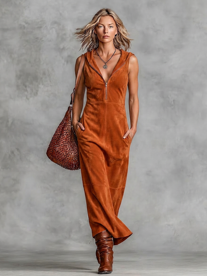 Women's Rust Brown Faux Suede Texture Maxi Gown With V-Neck Zipper Placket & Mid Length Swing Skirt, Retro Chic Daily Slee Veless Maxi Dress