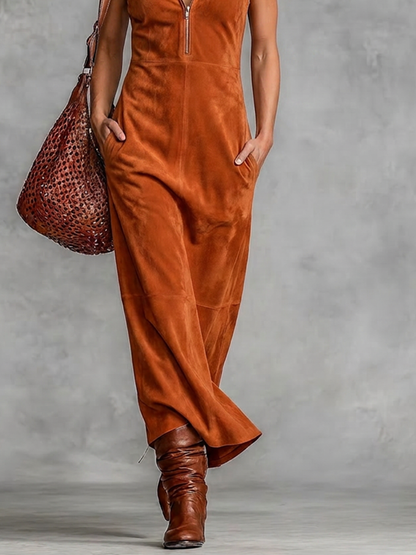 Women's Rust Brown Faux Suede Texture Maxi Gown With V-Neck Zipper Placket & Mid Length Swing Skirt, Retro Chic Daily Slee Veless Maxi Dress
