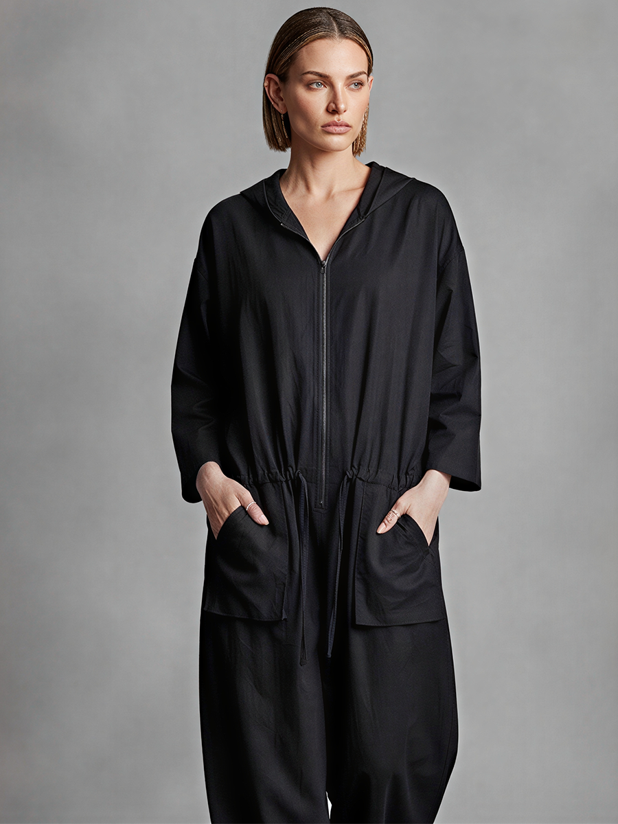 Women's Black Linen Blend Jumpsuit With Hood Full Zip Front & Drawstring Waist, Minimalist Loungewear Oversized Wide Leg Jumpsuit