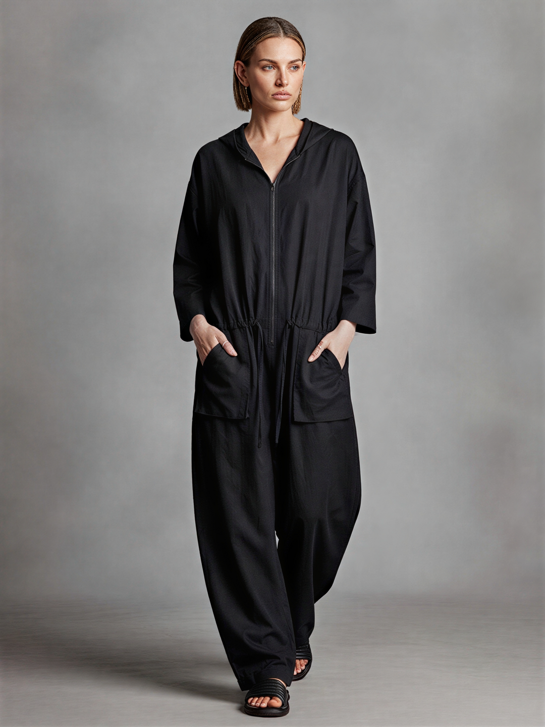 Women's Black Linen Blend Jumpsuit With Hood Full Zip Front & Drawstring Waist, Minimalist Loungewear Oversized Wide Leg Jumpsuit