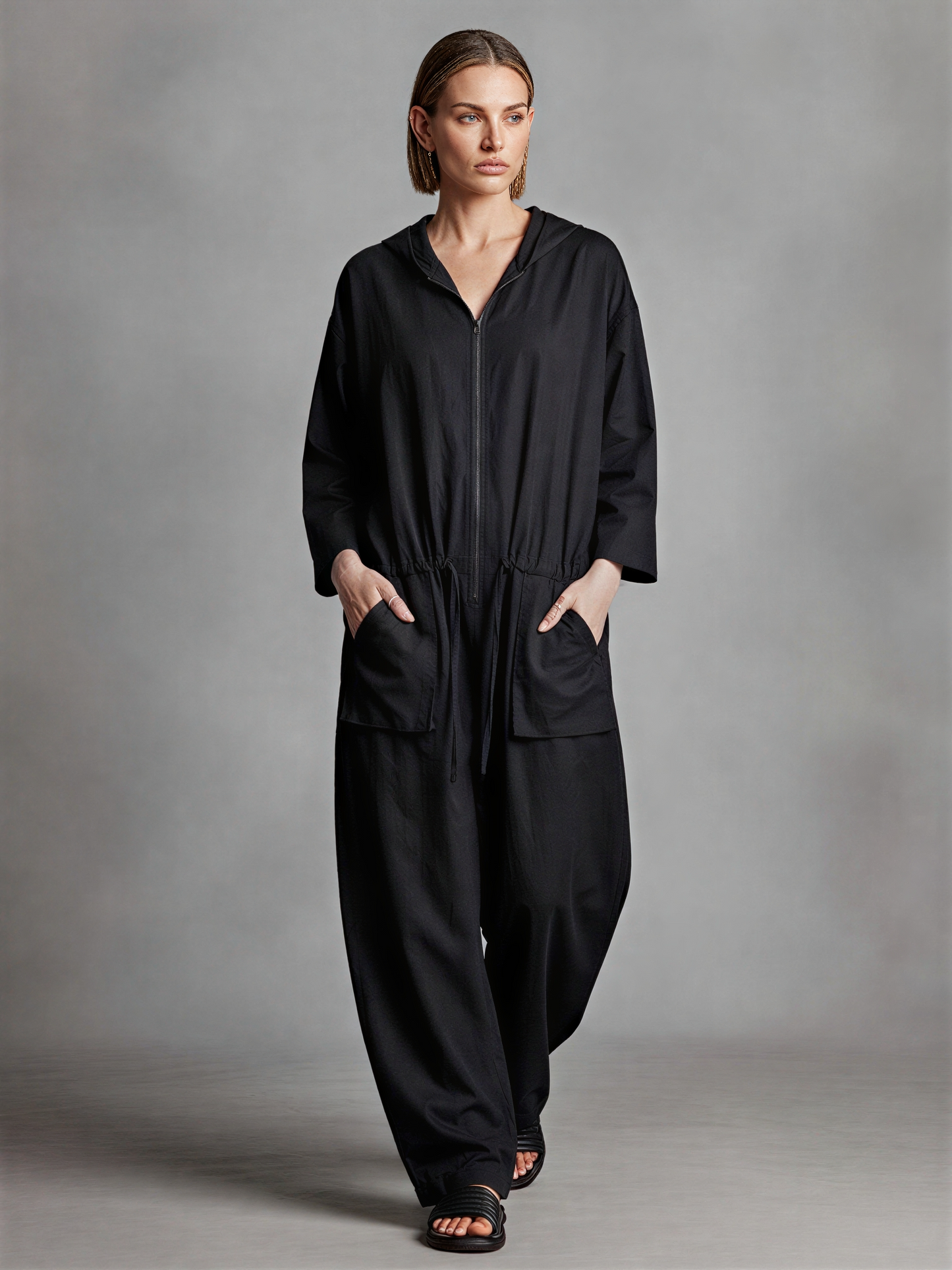 Women's Black Linen Blend Jumpsuit With Hood Full Zip Front & Drawstring Waist, Minimalist Loungewear Oversized Wide Leg Jumpsuit
