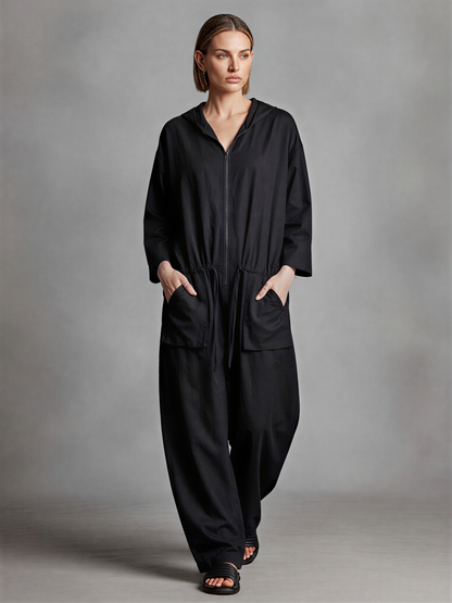 Women's Black Linen Blend Jumpsuit With Hood Full Zip Front & Drawstring Waist, Minimalist Loungewear Oversized Wide Leg Jumpsuit
