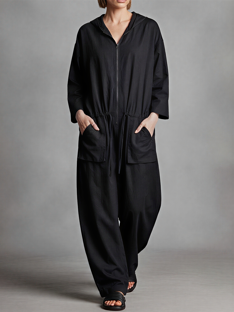 Women's Black Linen Blend Jumpsuit With Hood Full Zip Front & Drawstring Waist, Minimalist Loungewear Oversized Wide Leg Jumpsuit