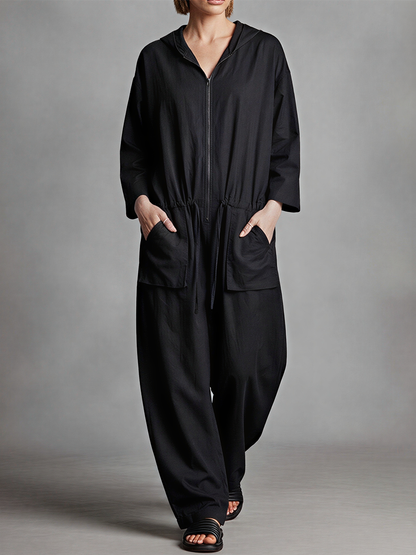 Women's Black Linen Blend Jumpsuit With Hood Full Zip Front & Drawstring Waist, Minimalist Loungewear Oversized Wide Leg Jumpsuit